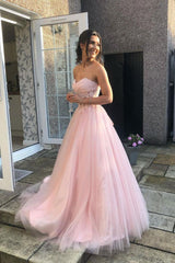 A Line Prom Dress Sweetheart Neck Tulle Lace Long Pink Formal Gown Evening Dress