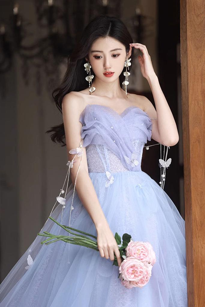 A Line Prom Dress Sweetheart Neck Tulle Long Purple Formal Gown Evening Dress