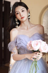 A Line Prom Dress Sweetheart Neck Tulle Long Purple Formal Gown Evening Dress
