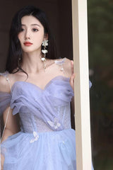 A Line Prom Dress Sweetheart Neck Tulle Long Purple Formal Gown Evening Dress