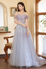 A Line Prom Dress Sweetheart Neck Tulle Long Purple Formal Gown Evening Dress