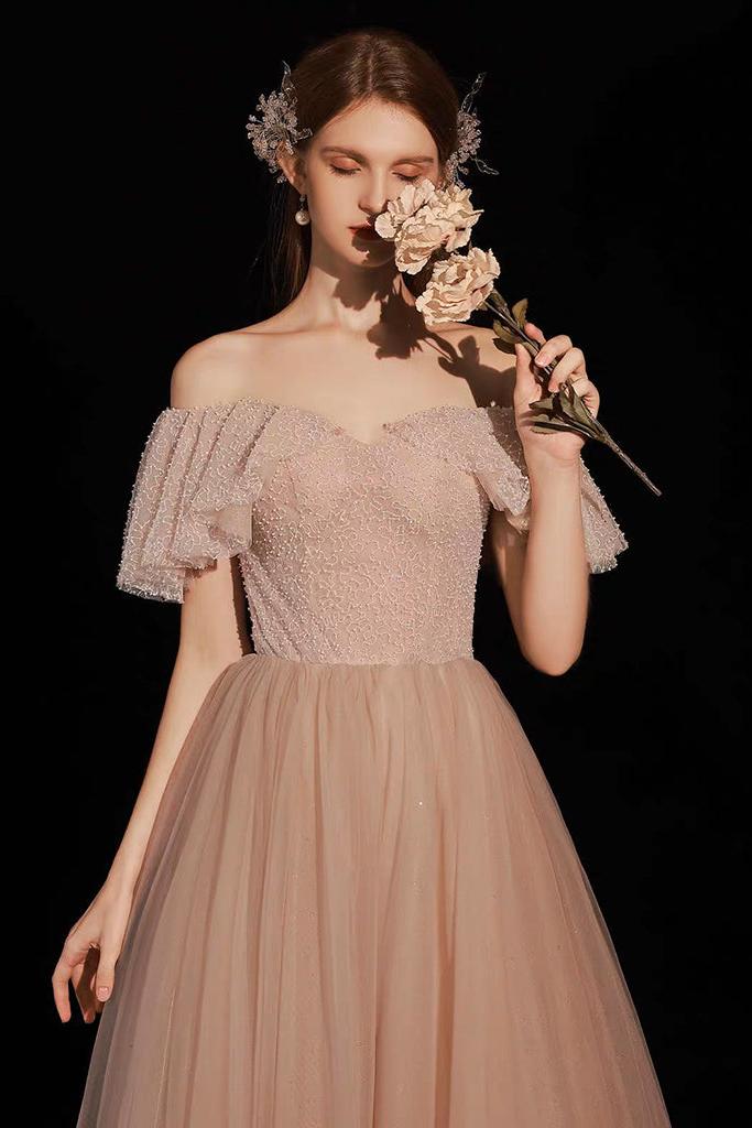 A Line Prom Dress Sweetheart Neck Tulle Pink Long Evening Dress