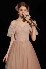 A Line Prom Dress Sweetheart Neck Tulle Pink Long Evening Dress