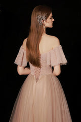A Line Prom Dress Sweetheart Neck Tulle Pink Long Evening Dress