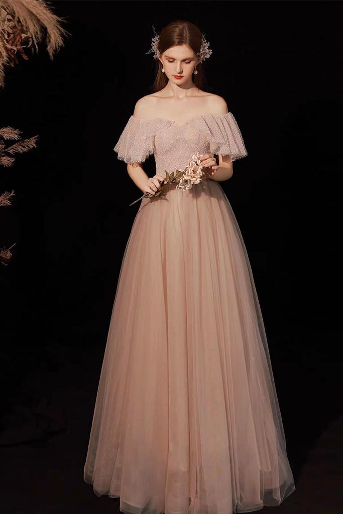 A Line Prom Dress Sweetheart Neck Tulle Pink Long Evening Dress