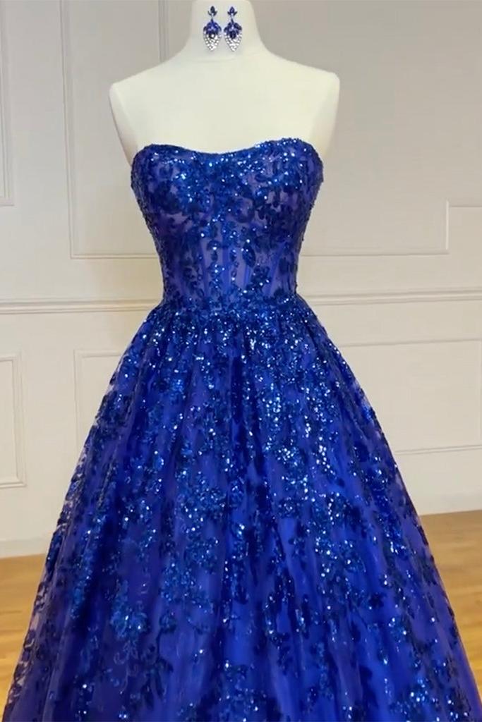 A Line Prom Dress Sweetheart Neck Tulle Sequin Blue Long Formal Dress Evening Dress