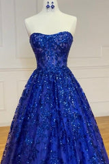A Line Prom Dress Sweetheart Neck Tulle Sequin Blue Long Formal Dress Evening Dress
