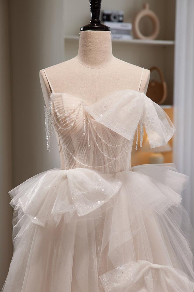 A Line Prom Dress Sweetheart Neck Tulle Sequin Light Champagne Long with Beading Evening Dress