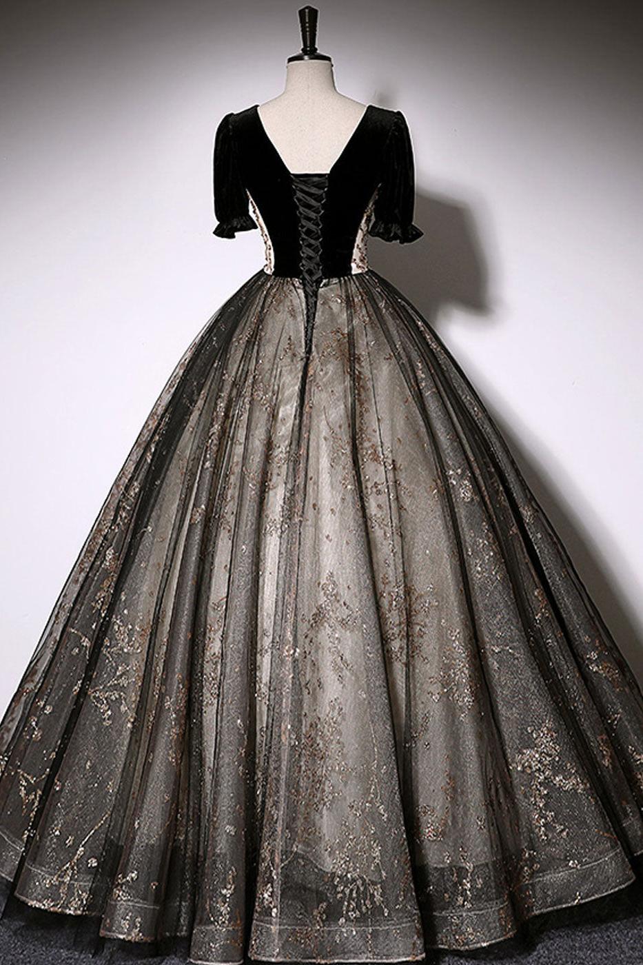 A Line Prom Dress Tulle Lace Black Long Formal Evening Dress