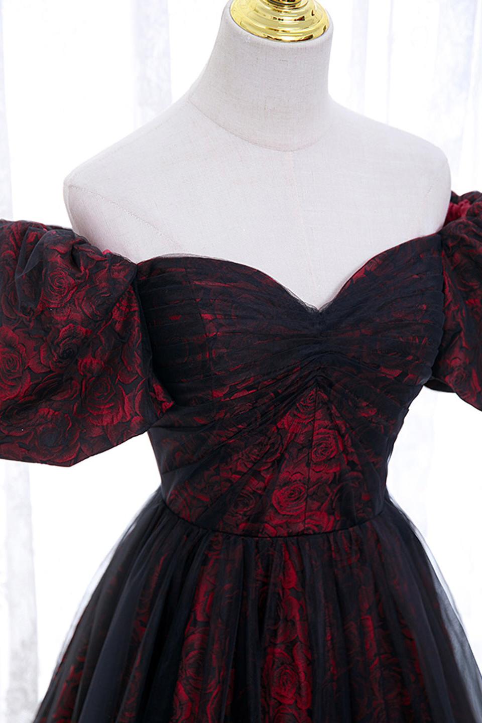 A Line Prom Dress Tulle Lace Black/Burgundy Long Formal Dress Evening Dress