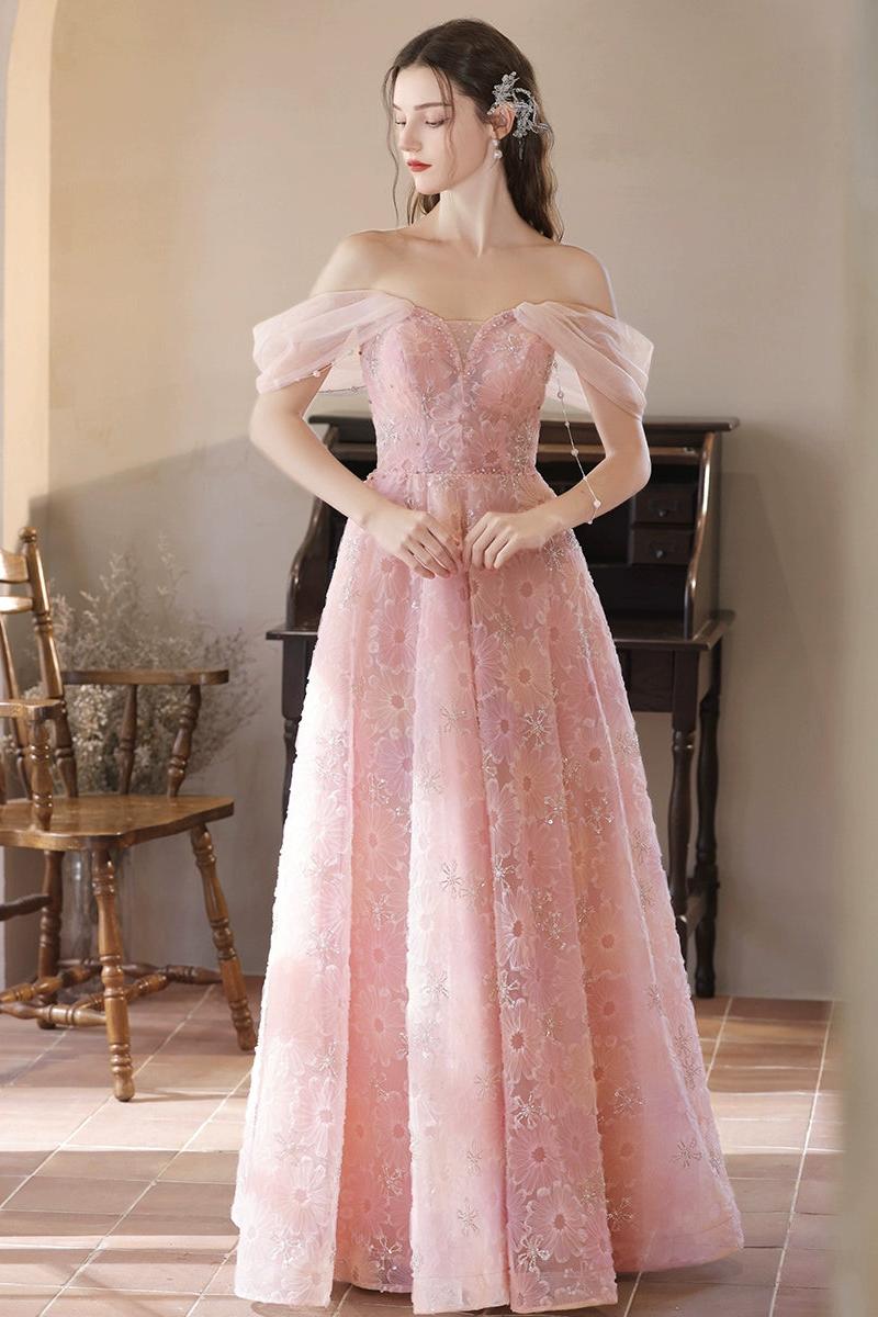 A Line Prom Dress Tulle Lace Off the Shoulder Pink Long Graduation Dress Evening Dress