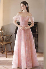 A Line Prom Dress Tulle Lace Off the Shoulder Pink Long Graduation Dress Evening Dress