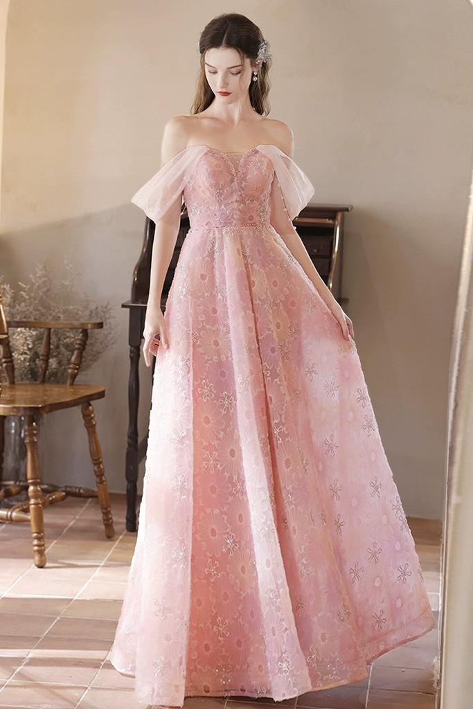 A Line Prom Dress Tulle Lace Off the Shoulder Pink Long Graduation Dress Evening Dress