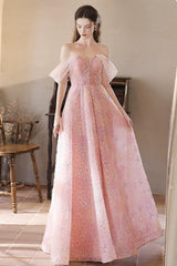 A Line Prom Dress Tulle Lace Off the Shoulder Pink Long Graduation Dress Evening Dress