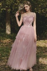 A Line Prom Dress Tulle Pink Long Formal Graduation Dress with Lace Beading Evening Dress