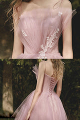 A Line Prom Dress Tulle Pink Long Formal Graduation Dress with Lace Beading Evening Dress