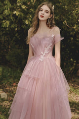A Line Prom Dress Tulle Pink Long Formal Graduation Dress with Lace Beading Evening Dress