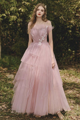 A Line Prom Dress Tulle Pink Long Formal Graduation Dress with Lace Beading Evening Dress