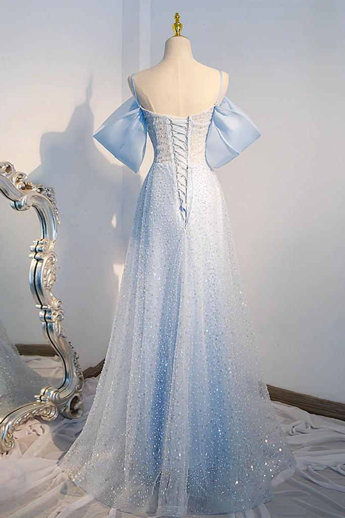 A Line Prom Dress Tulle Sequin Blue Long Formal Dress Evening Dress