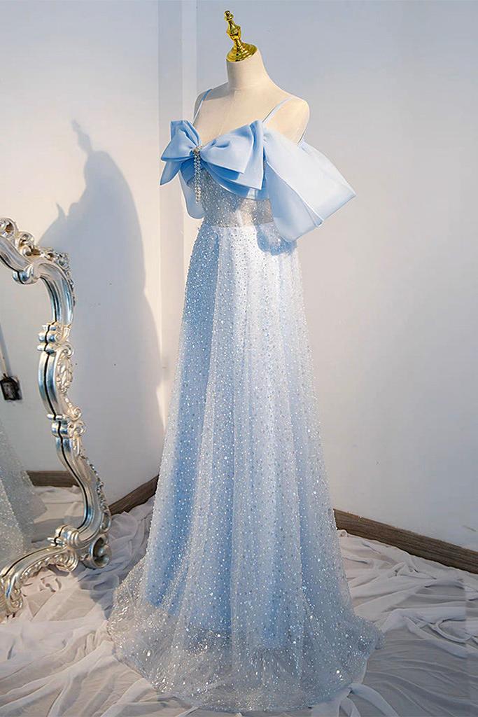 A Line Prom Dress Tulle Sequin Blue Long Formal Dress Evening Dress