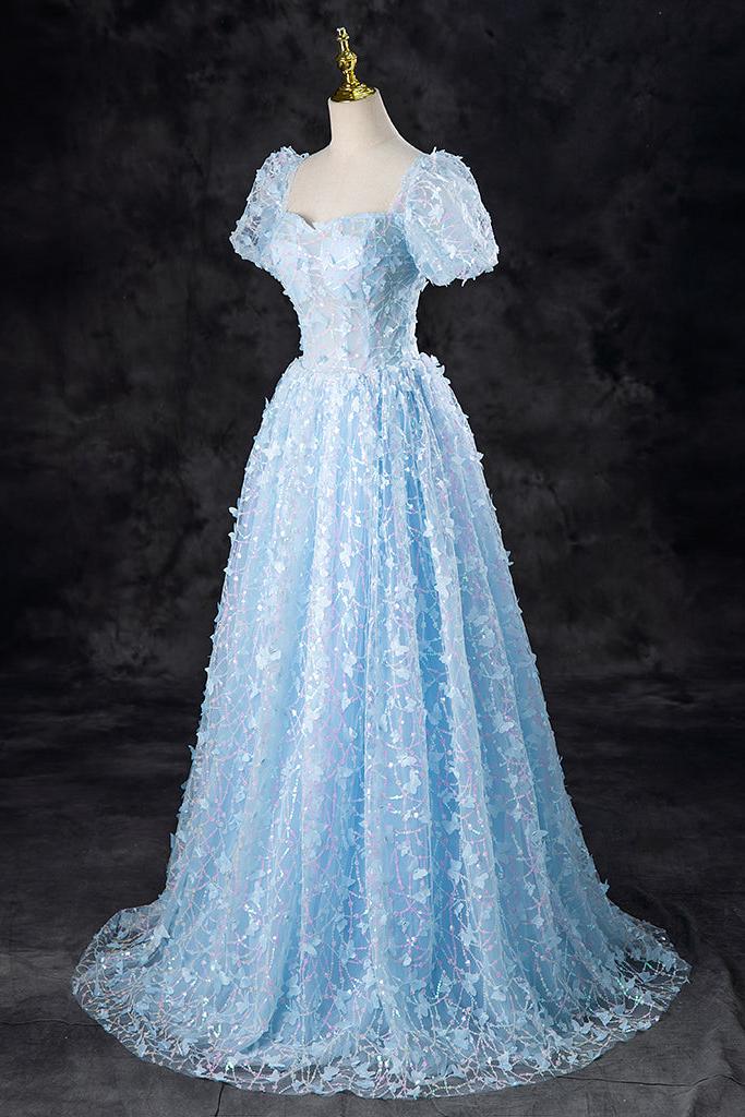 A Line Prom Dress Tulle Sequin Lace Blue Long Formal Evening Dress