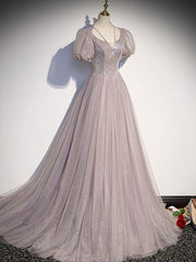 A Line Prom Dress Tulle Sequin Long Formal Party Dress Evening Dress