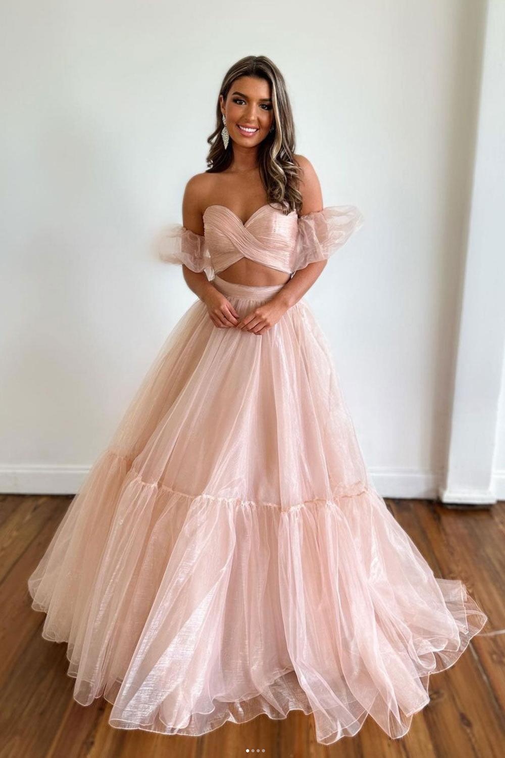 A Line Prom Dress Two Piece Tulle Pink Long Formal Evening Dress