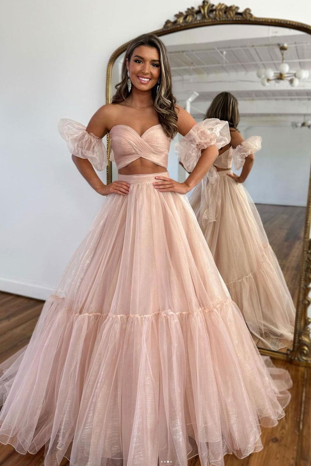 A Line Prom Dress Two Piece Tulle Pink Long Formal Evening Dress