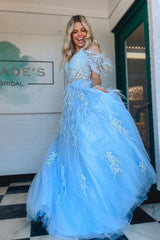 A Line Prom Dress V Neck Lace Tulle Evening Dress with Beading and Feathers