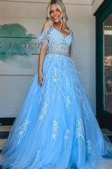 A Line Prom Dress V Neck Lace Tulle Evening Dress with Beading and Feathers