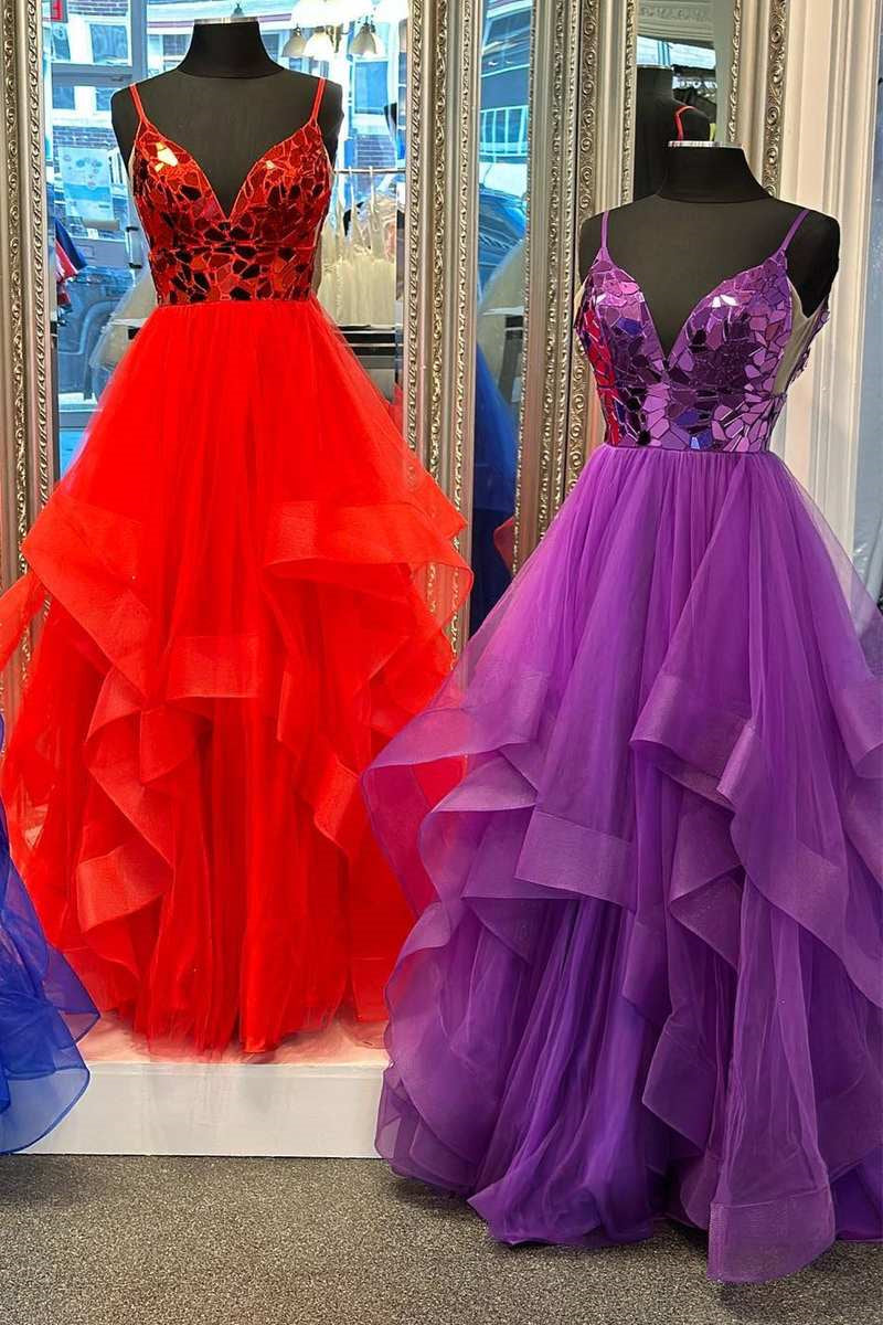 A Line Prom Dress V Neck Mirror Cut Sequin Ruffle Layers Long Evening Dress