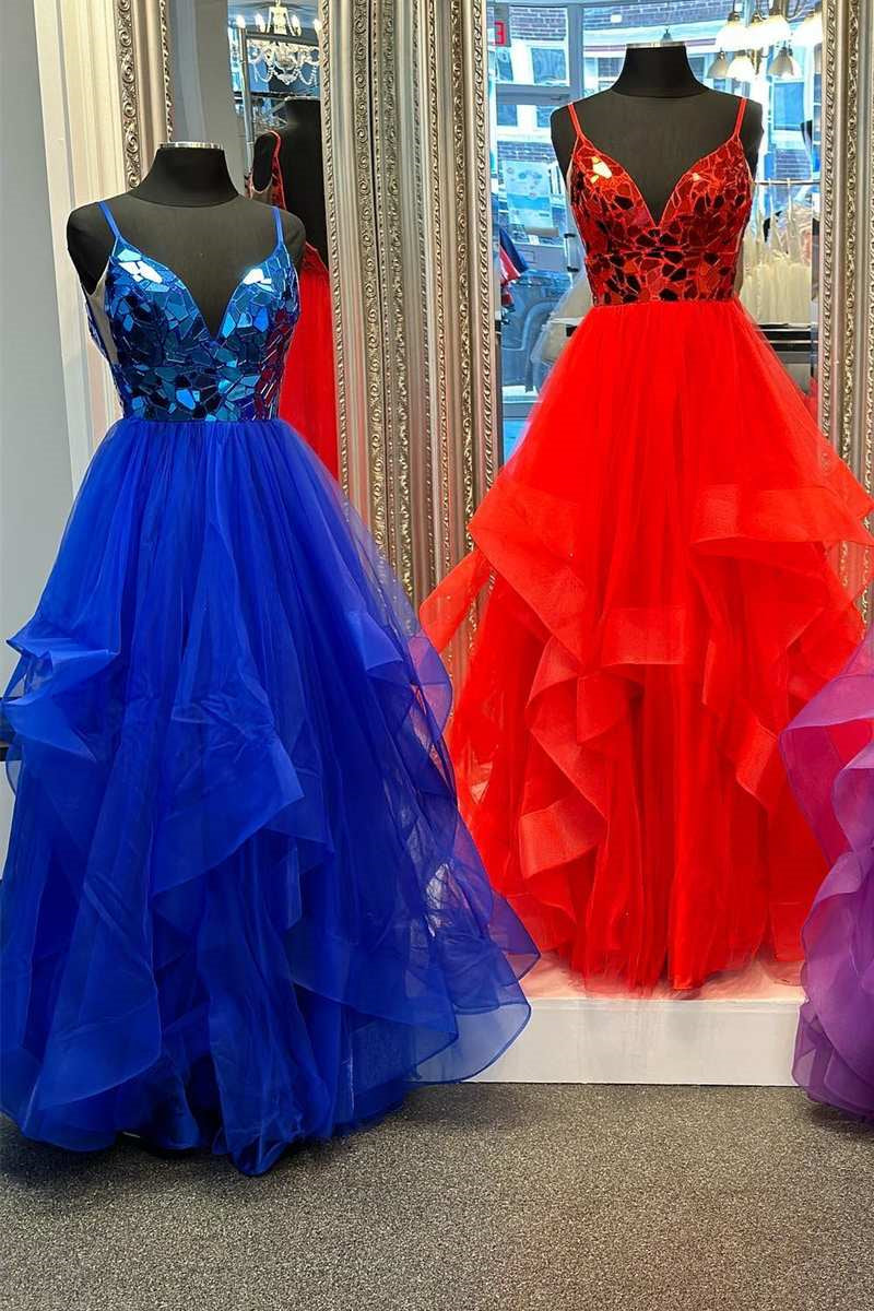 A Line Prom Dress V Neck Mirror Cut Sequin Ruffle Layers Long Evening Dress