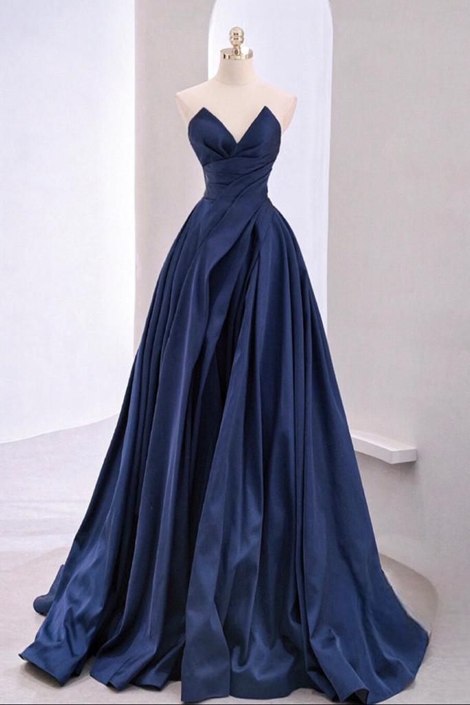 A Line Prom Dress V Neck Satin Dark Blue Long Evening Dress