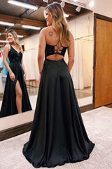 A Line Prom Dress V Neck Satin Evening Dress With Split