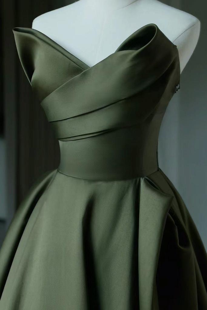 A Line Prom Dress V Neck Satin Green Long Formal Evening Dress