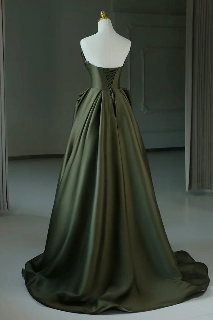 A Line Prom Dress V Neck Satin Green Long Formal Evening Dress