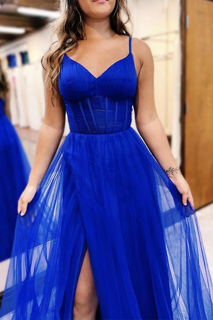 A Line Prom Dress V Neck Tulle Blue Long Formal Dress Evening Dress