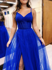 A Line Prom Dress V Neck Tulle Blue Long Formal Dress Evening Dress