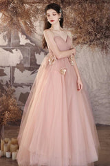 A Line Prom Dress V Neck Tulle Flower Pink Long Evening Gown Evening Dress