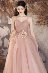 A Line Prom Dress V Neck Tulle Flower Pink Long Evening Gown Evening Dress
