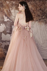 A Line Prom Dress V Neck Tulle Flower Pink Long Evening Gown Evening Dress