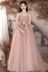 A Line Prom Dress V Neck Tulle Flower Pink Long Evening Gown Evening Dress