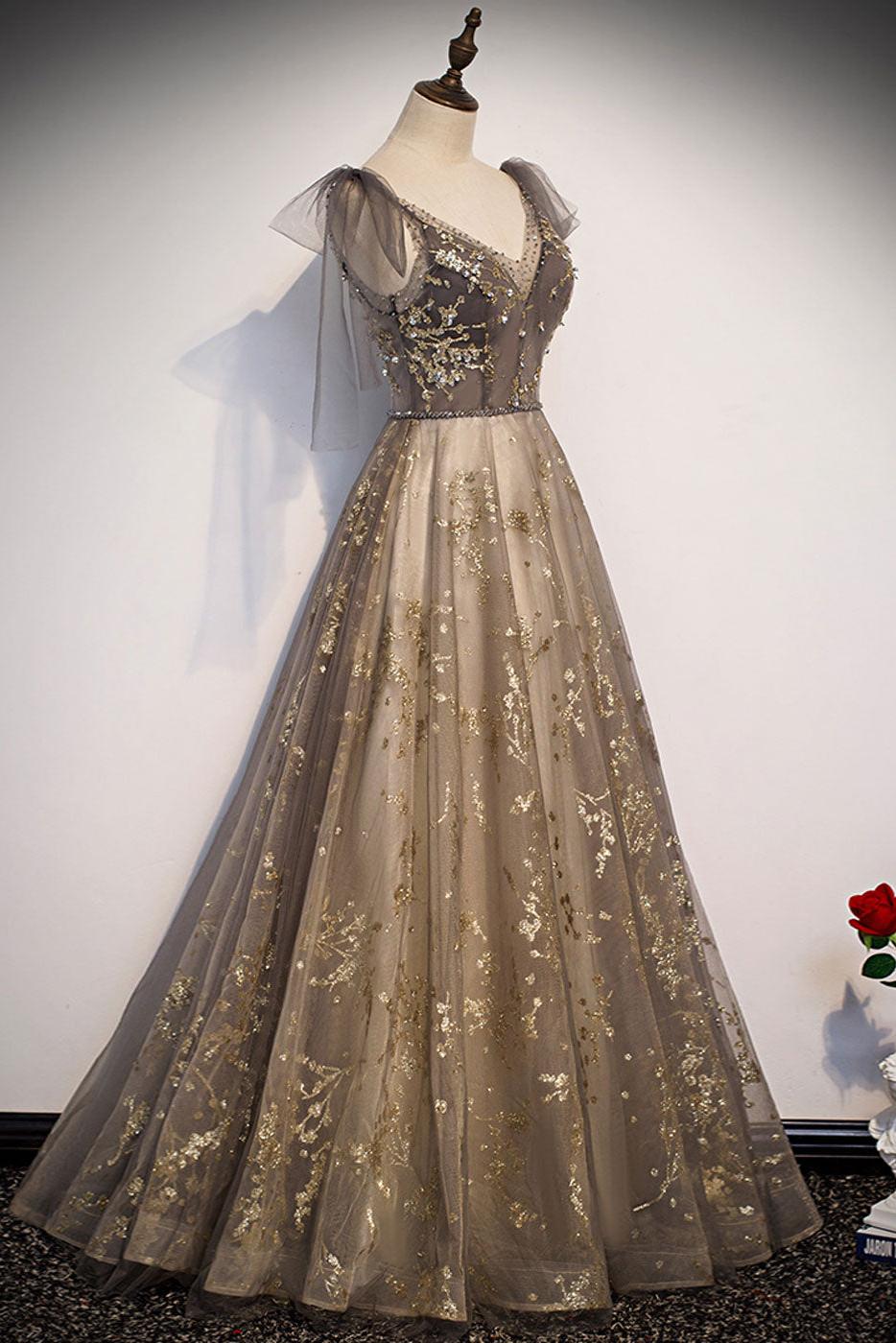 A Line Prom Dress V Neck Tulle Sequin Long Formal Evening Dress