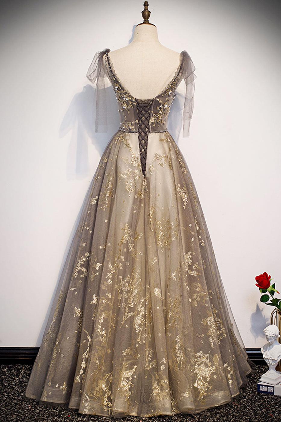 A Line Prom Dress V Neck Tulle Sequin Long Formal Evening Dress