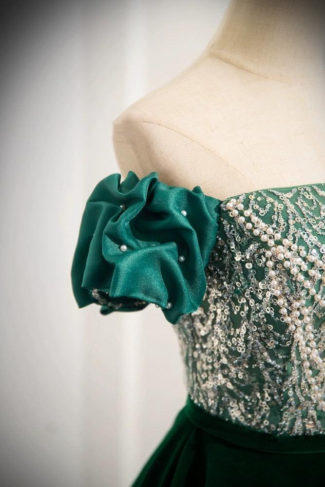 A Line Prom Dress Velvet Sequin Beaded Green Long Formal Evening Dress