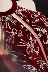 A Line Prom Dress Velvet Sequin Burgundy Long Formal Gown Evening Dress