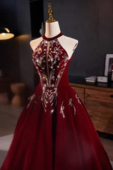 A Line Prom Dress Velvet Sequin Burgundy Long Formal Gown Evening Dress