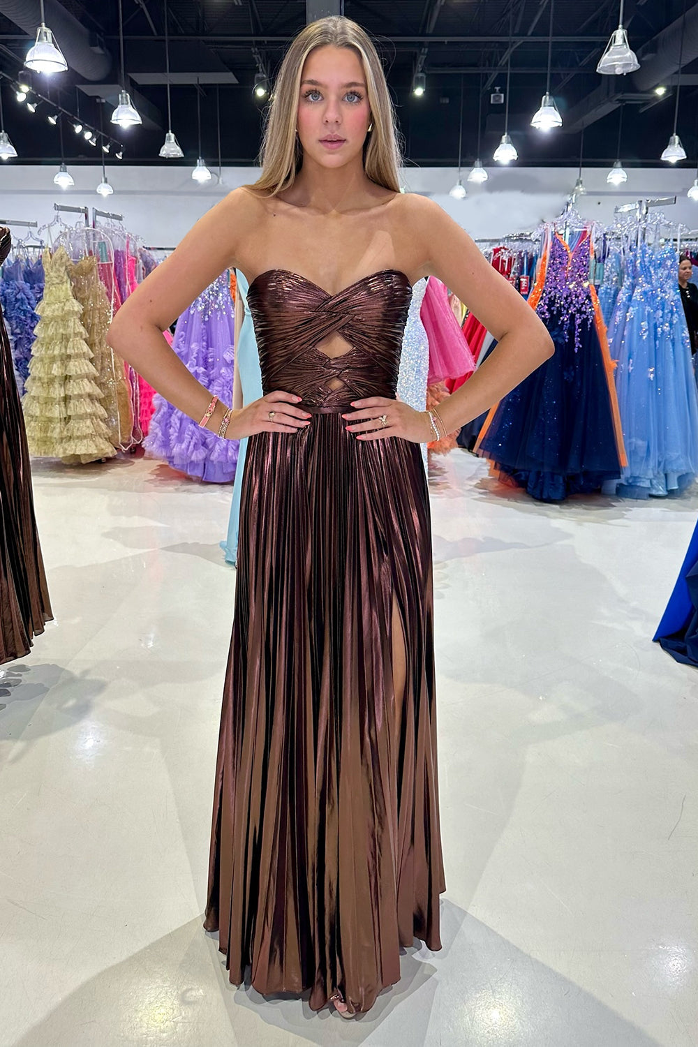 A Line Purple Prom Dress Sweetheart Metallic Pleated Long Evening Dress with Slit