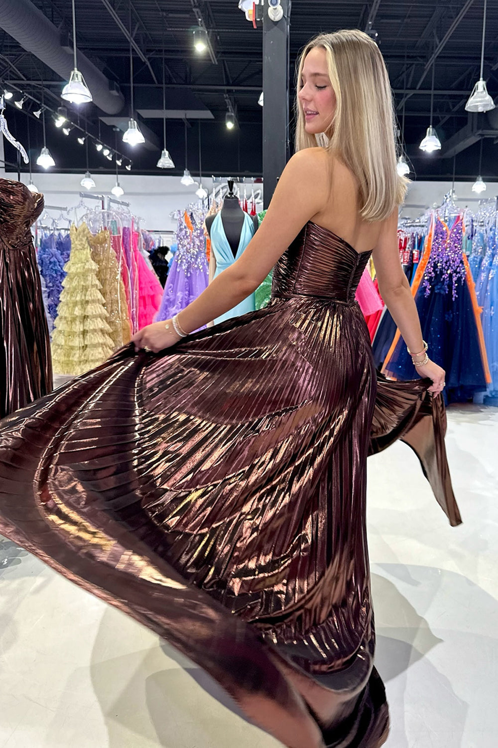 A Line Purple Prom Dress Sweetheart Metallic Pleated Long Evening Dress with Slit