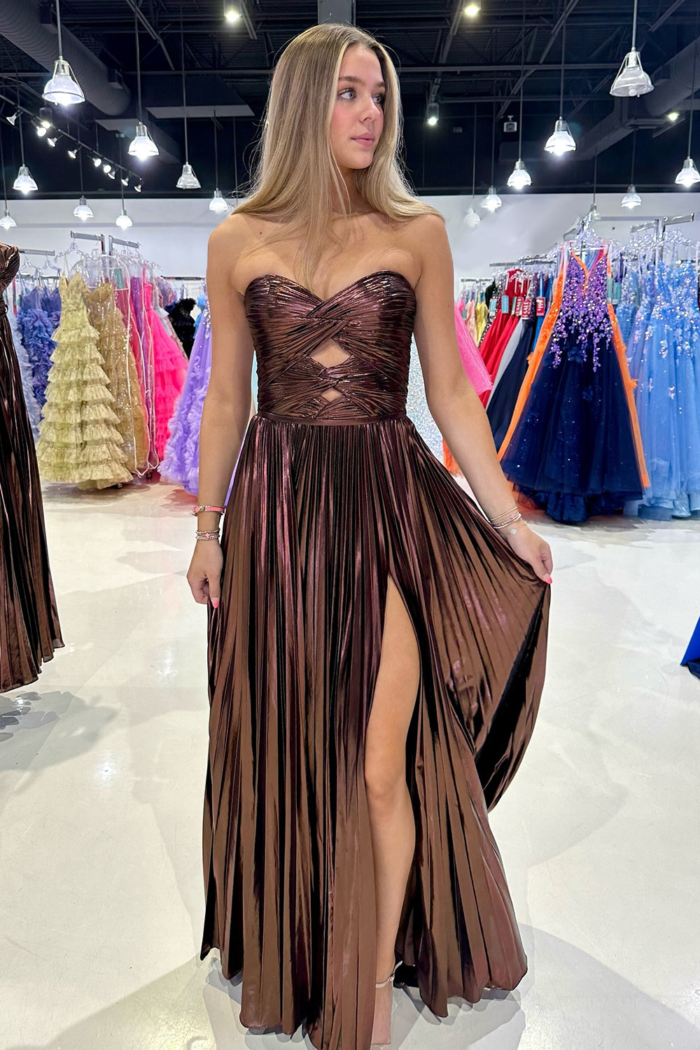 A Line Purple Prom Dress Sweetheart Metallic Pleated Long Evening Dress with Slit